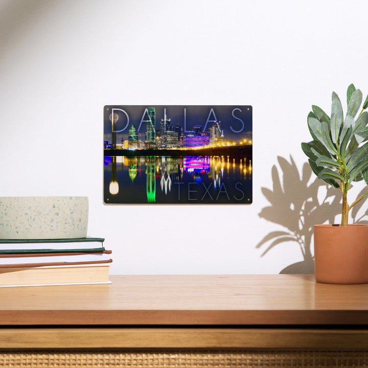 Dallas, Texas, Skyline at Night, Lantern Press Photography, Wood Signs and Postcards - Lantern Press