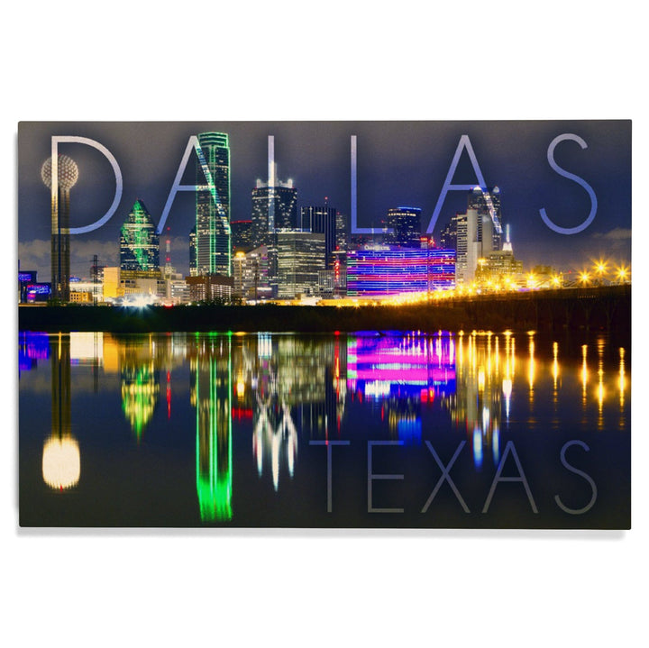 Dallas, Texas, Skyline at Night, Lantern Press Photography, Wood Signs and Postcards - Lantern Press