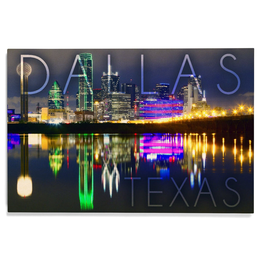 Dallas, Texas, Skyline at Night, Lantern Press Photography, Wood Signs and Postcards - Lantern Press