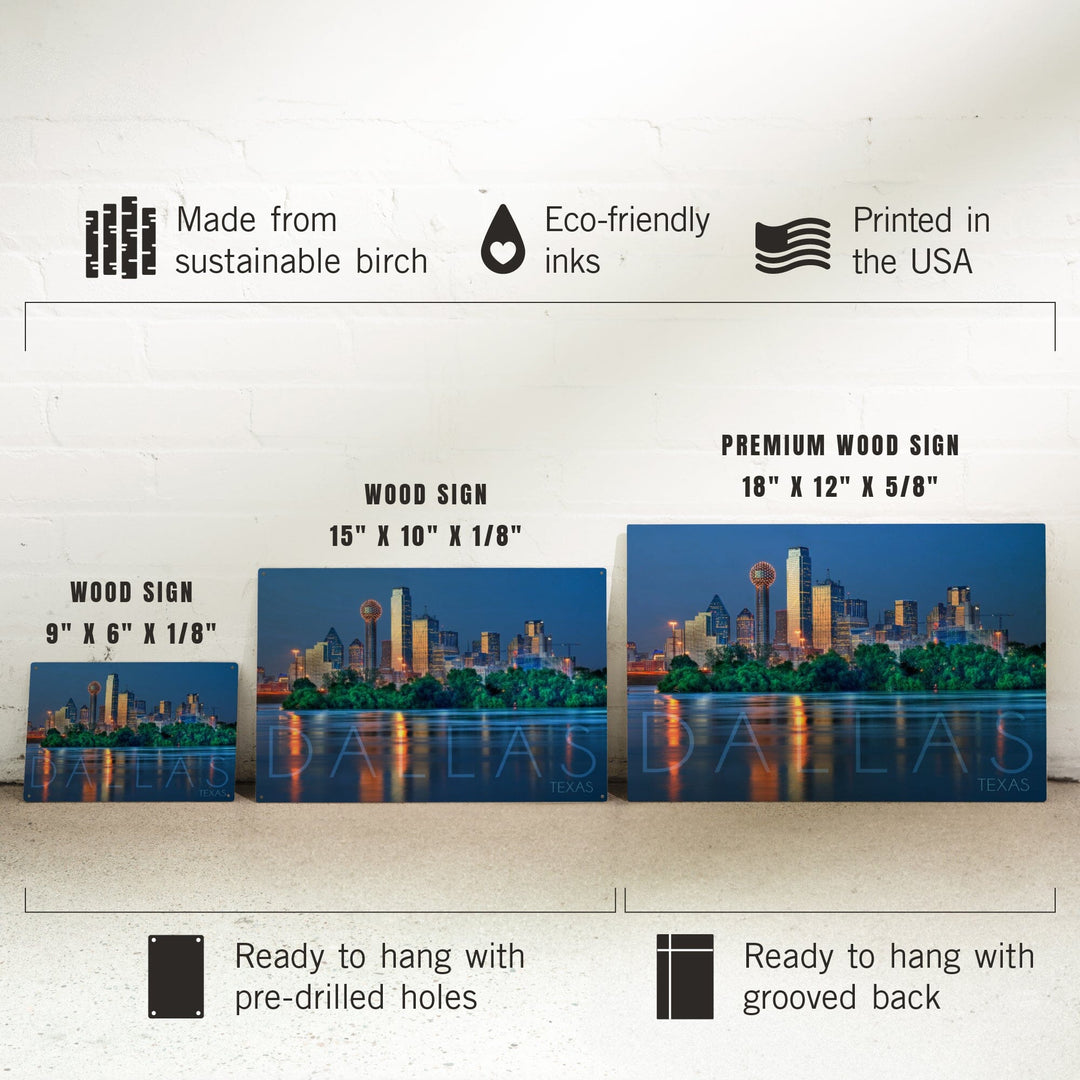 Dallas, Texas, Skyline & Reflection, Lantern Press Photography, Wood Signs and Postcards - Lantern Press