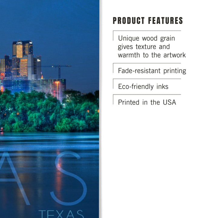 Dallas, Texas, Skyline & Reflection, Lantern Press Photography, Wood Signs and Postcards - Lantern Press