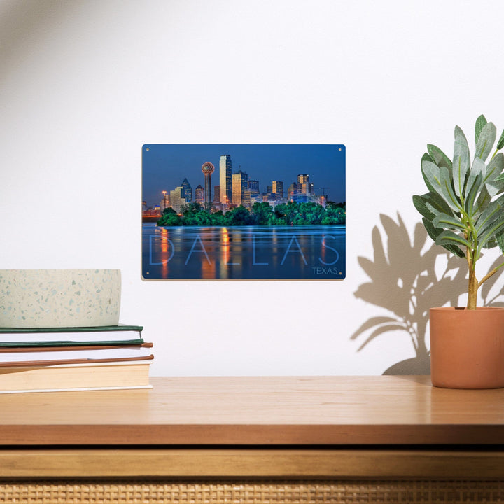 Dallas, Texas, Skyline & Reflection, Lantern Press Photography, Wood Signs and Postcards - Lantern Press