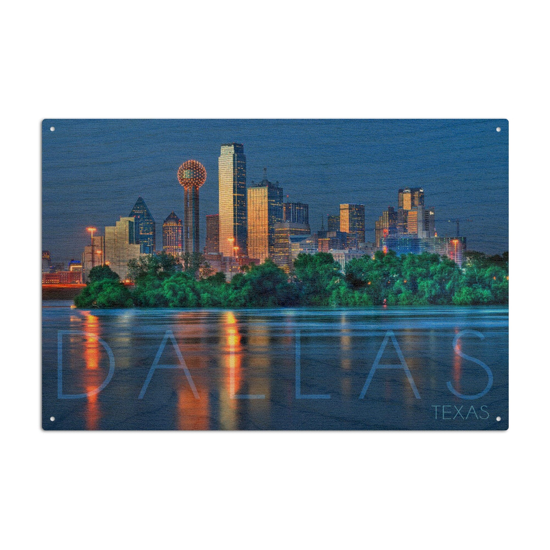 Dallas, Texas, Skyline & Reflection, Lantern Press Photography, Wood Signs and Postcards - Lantern Press