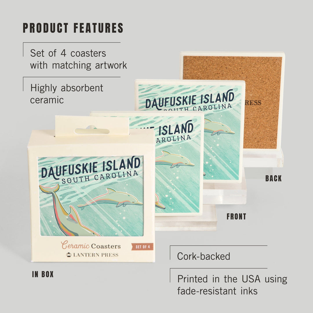 Daufuskie Island, South Carolina, Graphic Pastel, Bottlenose Dolphin, Coasters Coasters Lantern Press