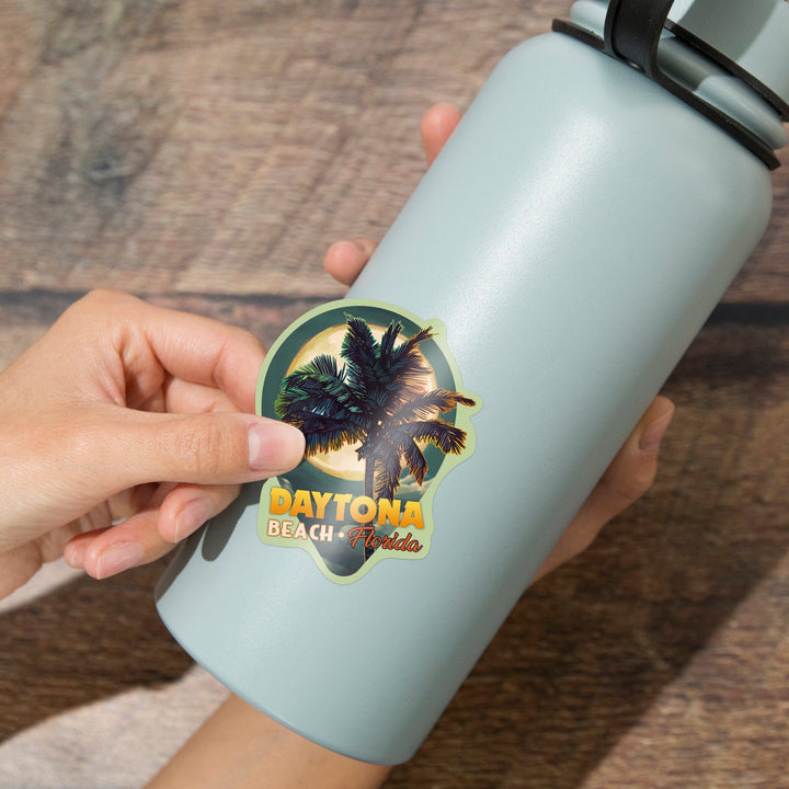 Daytona Beach, Florida, Palms & Moon, Contour, Lantern Press Artwork, Vinyl Sticker - Lantern Press