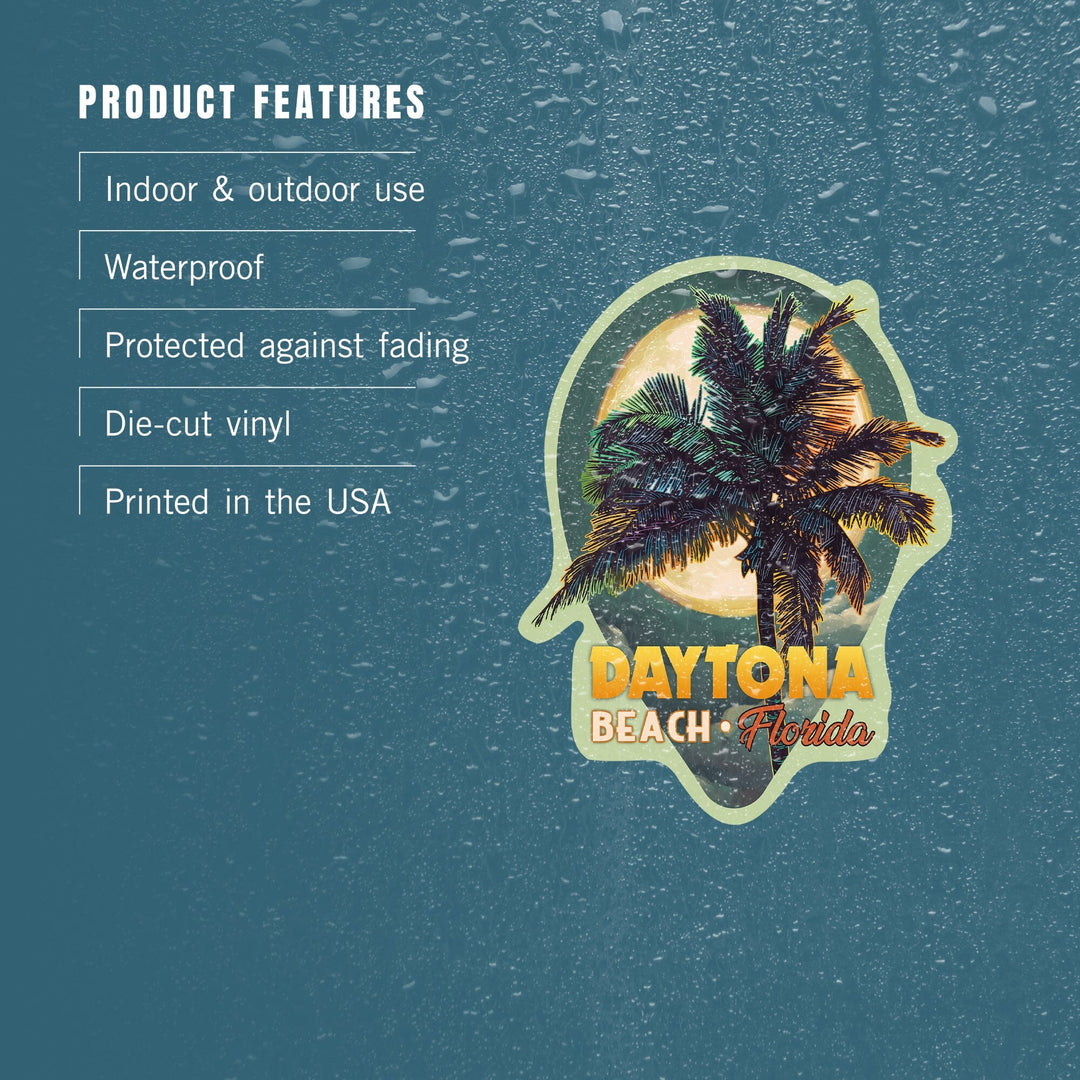 Daytona Beach, Florida, Palms & Moon, Contour, Lantern Press Artwork, Vinyl Sticker - Lantern Press