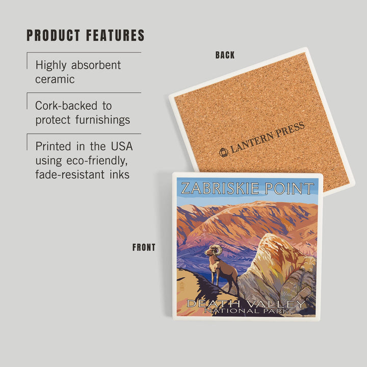 Death Valley National Park, California, Zabriskie Point and Bighorns, Painterly Series, Coasters Coasters Lantern Press