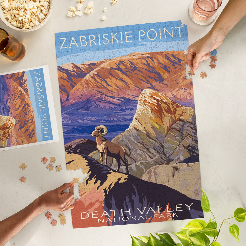 Death Valley National Park, California, Zabriskie Point and Bighorns, Painterly Series, Jigsaw Puzzle - Lantern Press