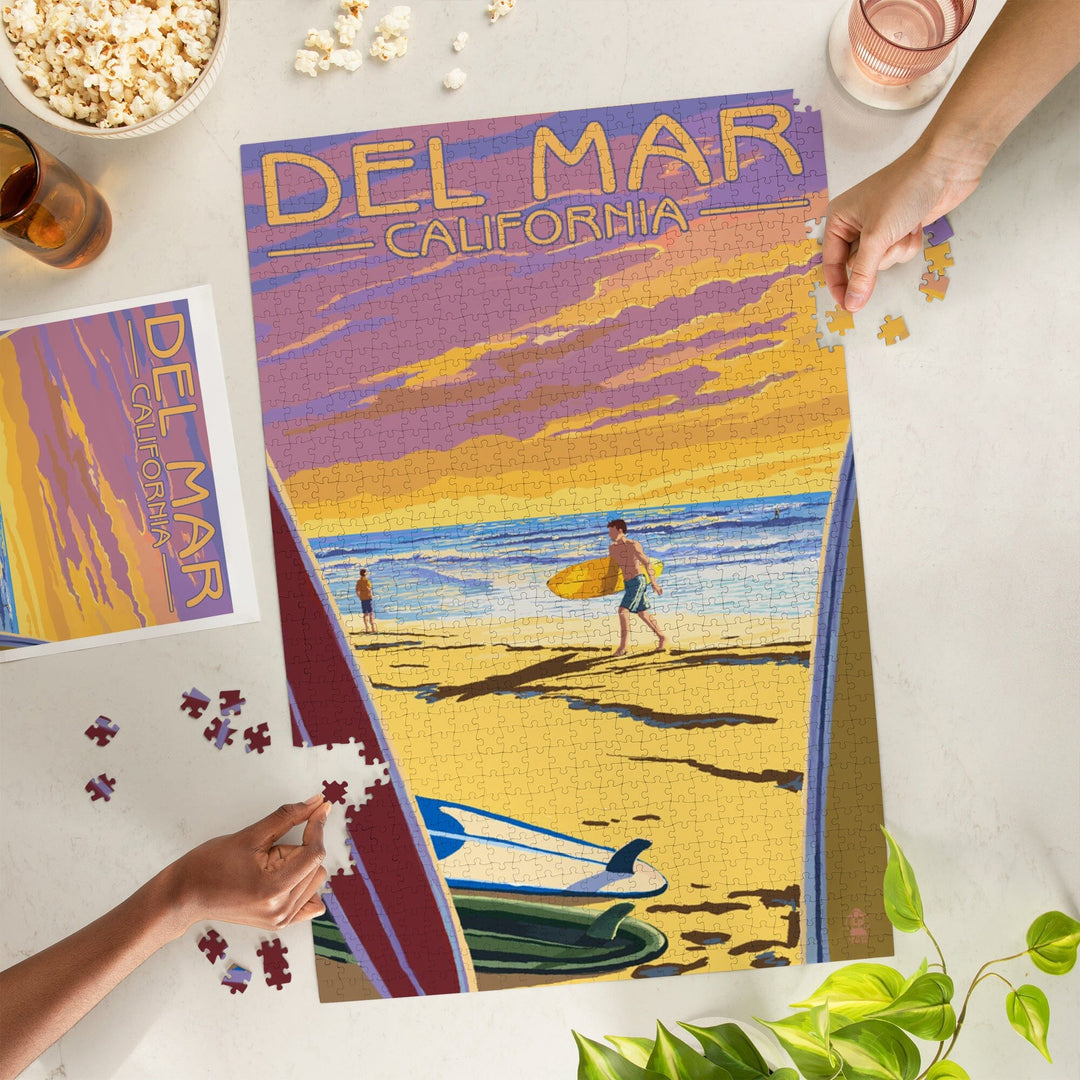 Del Mar, California, Surfers at Sunset, Jigsaw Puzzle - Lantern Press