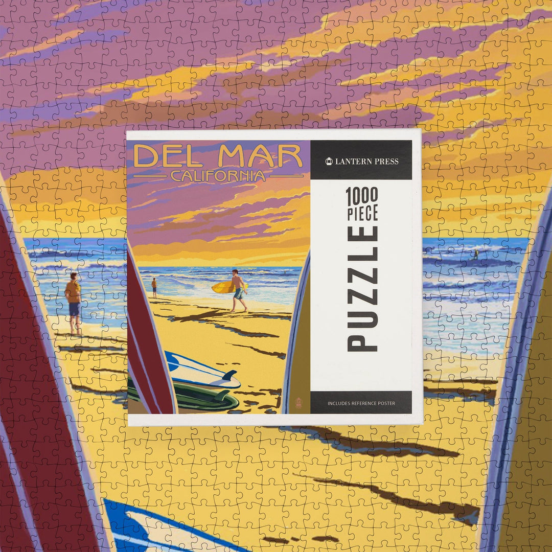 Del Mar, California, Surfers at Sunset, Jigsaw Puzzle - Lantern Press