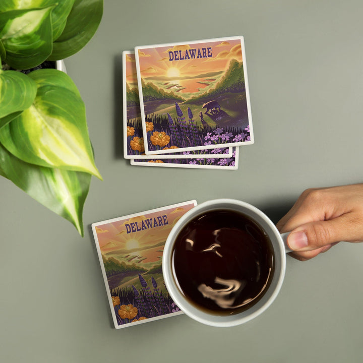 Delaware, Lithograph, Bear and Spring Flowers, Lake, Coasters Coasters Lantern Press