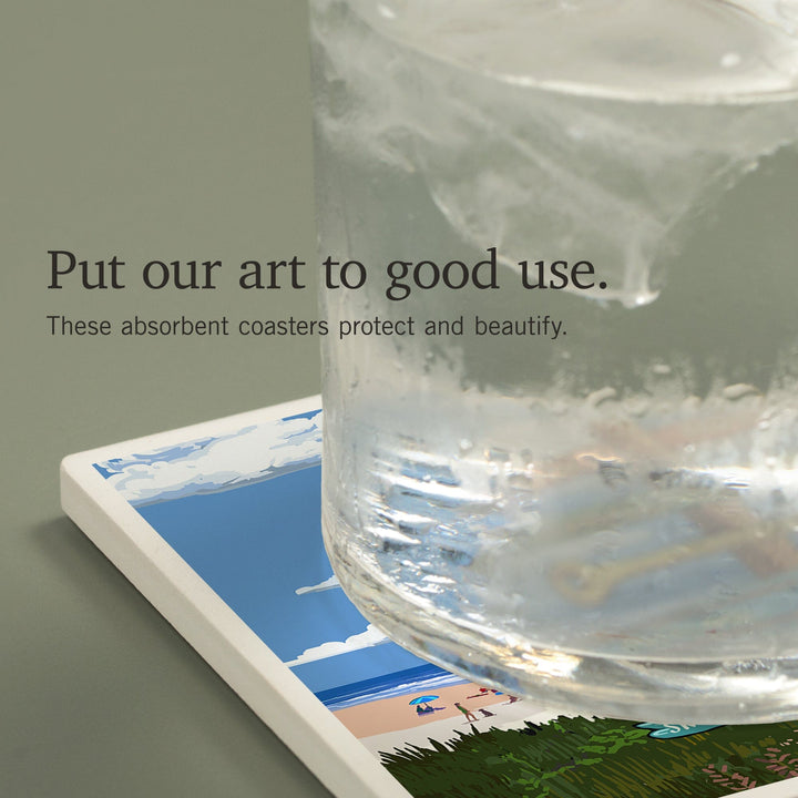 Delaware, Signpost, Coast Beach with Umbrellas, Coasters Coasters Lantern Press