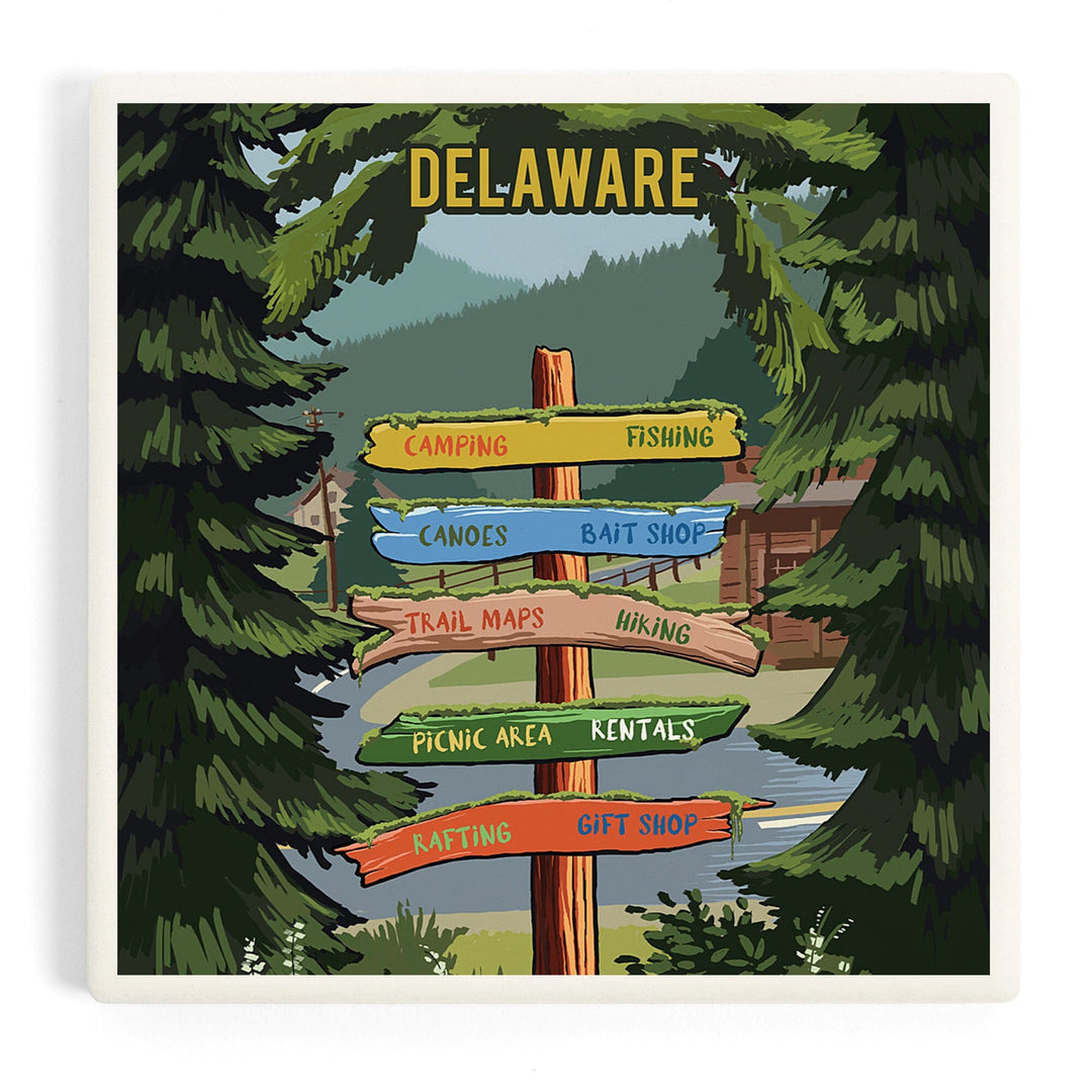Delaware, Signpost, Forest and Camp, Coasters Coasters Lantern Press