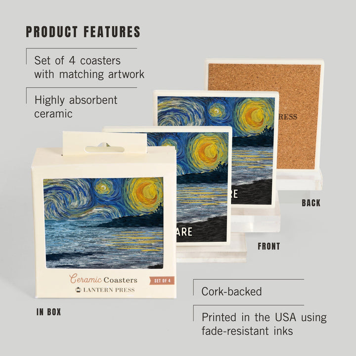 Delaware, Starry Night, Coastline, Coasters Coasters Lantern Press