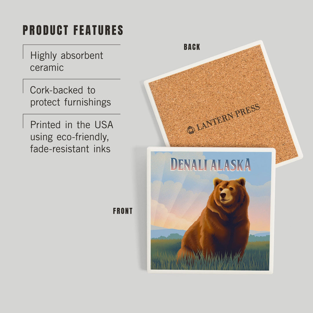 Denali, Alaska, Lithograph Wildlife Series, Grizzly Bear, Coasters Coasters Lantern Press