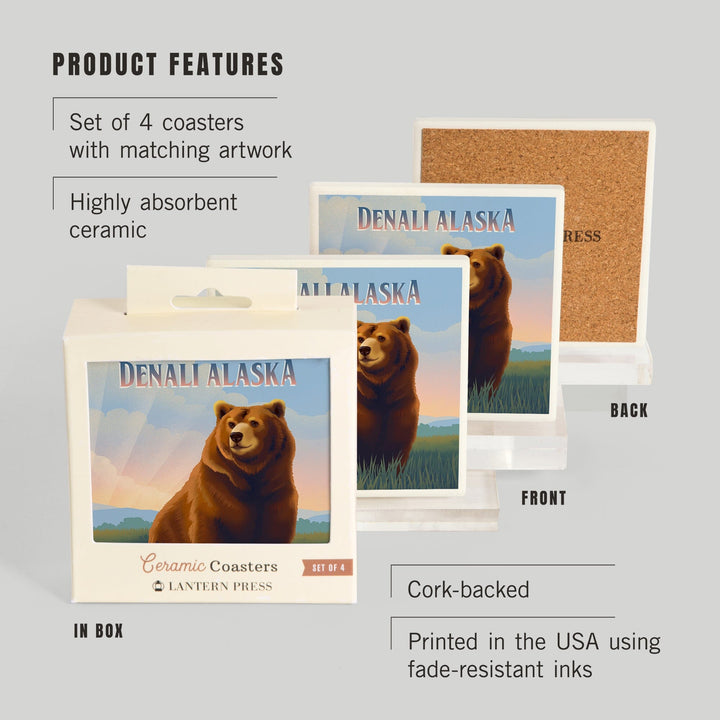 Denali, Alaska, Lithograph Wildlife Series, Grizzly Bear, Coasters Coasters Lantern Press