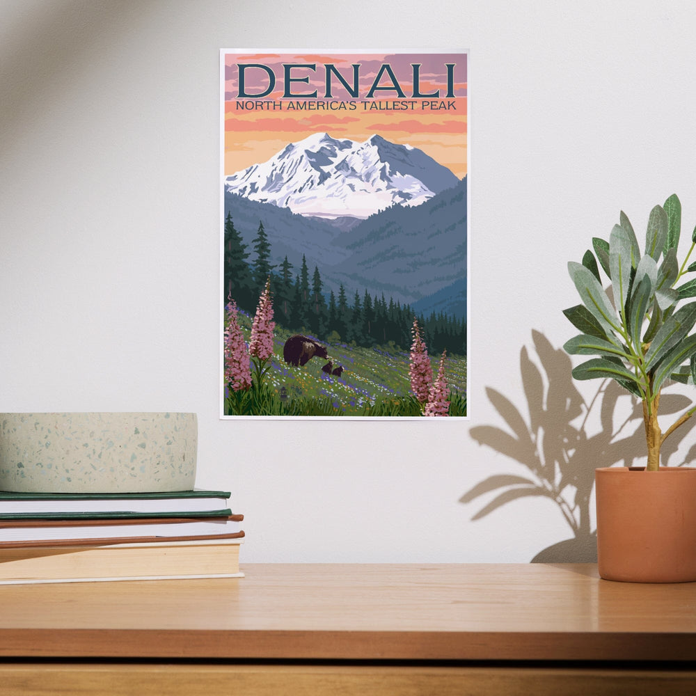 Denali, Alaska, North America's Tallest Peak, Bears and Spring Flowers, Art & Giclee Prints - Lantern Press