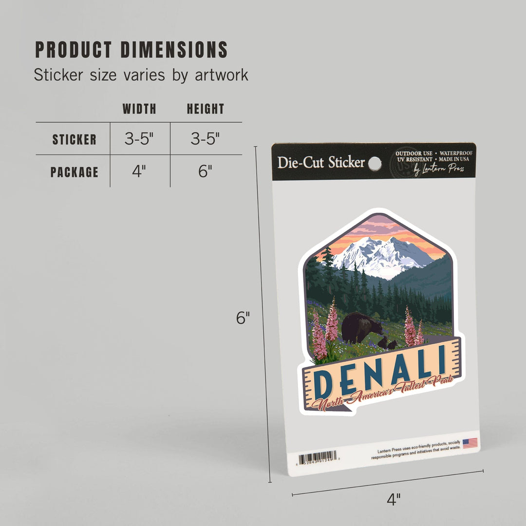 Denali, Alaska, North America's Tallest Peak, Bears & Spring Flowers, Contour, Lantern Press Artwork, Vinyl Sticker - Lantern Press