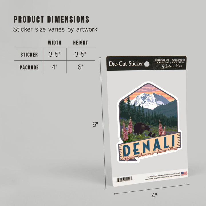 Denali, Alaska, North America's Tallest Peak, Bears & Spring Flowers, Contour, Lantern Press Artwork, Vinyl Sticker - Lantern Press