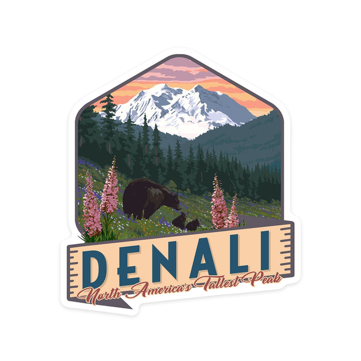 Denali, Alaska, North America's Tallest Peak, Bears & Spring Flowers, Contour, Lantern Press Artwork, Vinyl Sticker - Lantern Press
