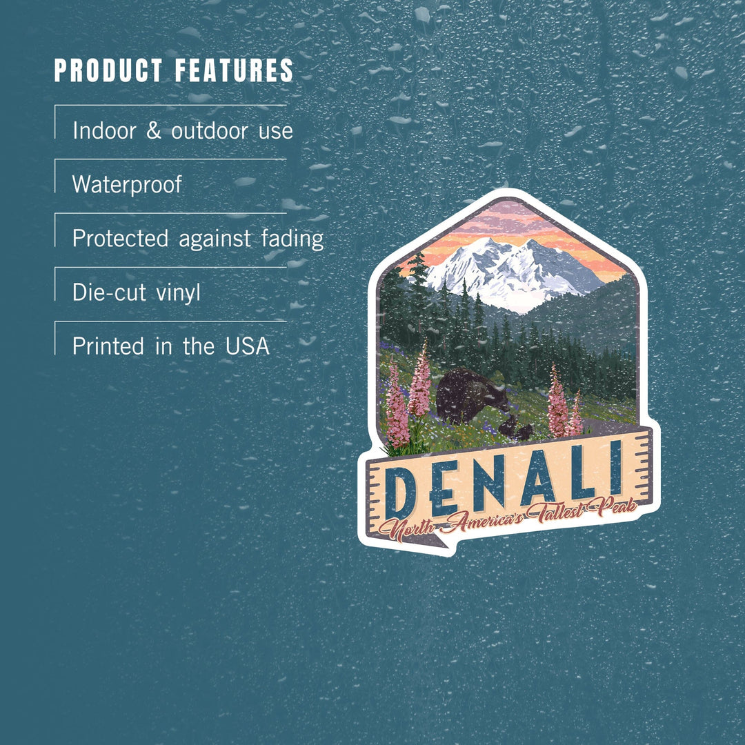 Denali, Alaska, North America's Tallest Peak, Bears & Spring Flowers, Contour, Lantern Press Artwork, Vinyl Sticker - Lantern Press