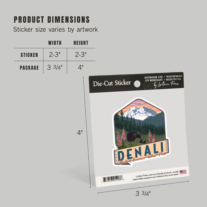 Denali, Alaska, North America's Tallest Peak, Bears & Spring Flowers, Contour, Lantern Press Artwork, Vinyl Sticker - Lantern Press