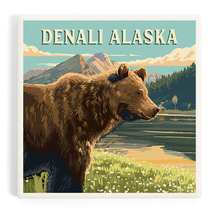 Denali, Alaska, Painterly, Bear, Coasters Coasters Lantern Press Coaster
