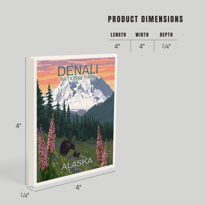 Denali National Park, Alaska, Bear and Cubs with Flowers, Coasters Coasters Lantern Press