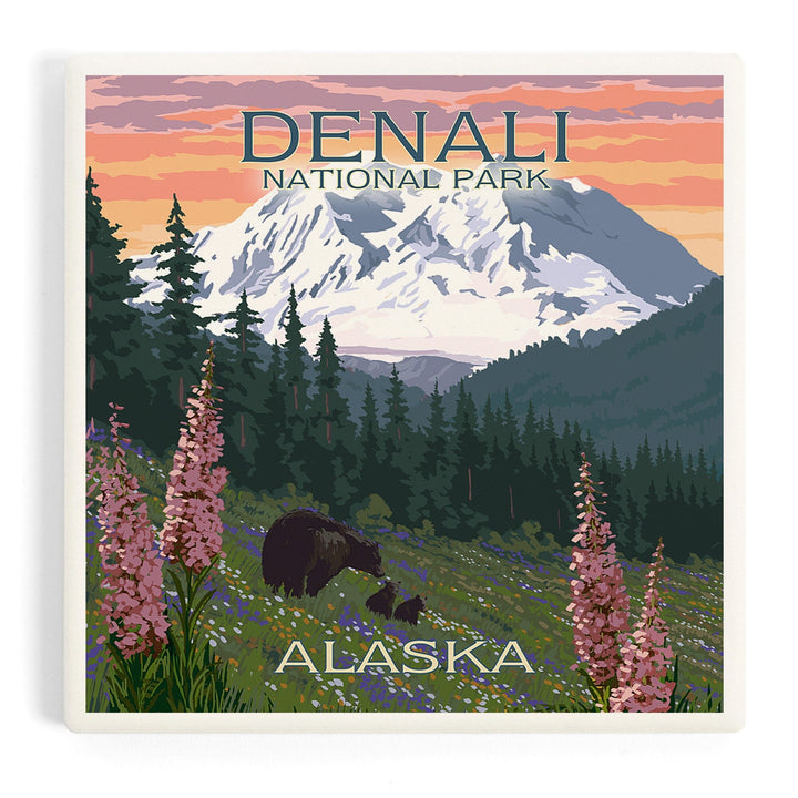 Denali National Park, Alaska, Bear and Cubs with Flowers, Coasters Coasters Lantern Press