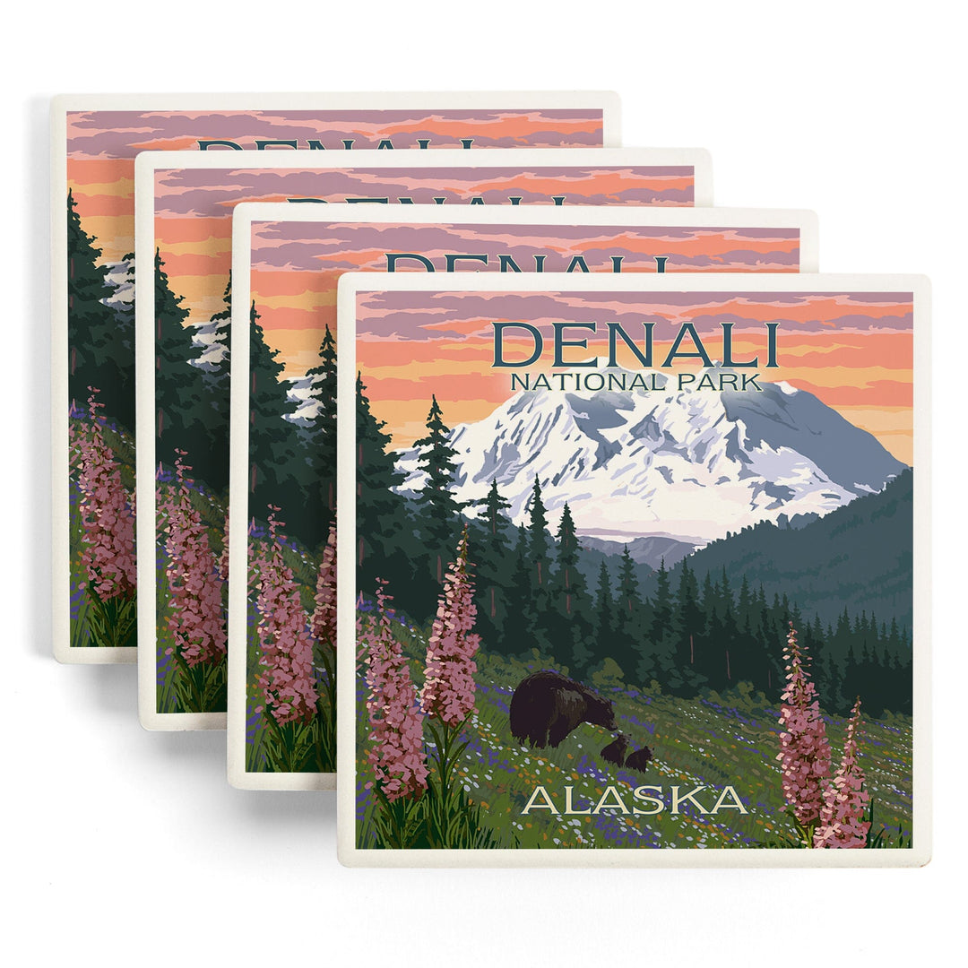 Denali National Park, Alaska, Bear and Cubs with Flowers, Coasters Coasters Lantern Press