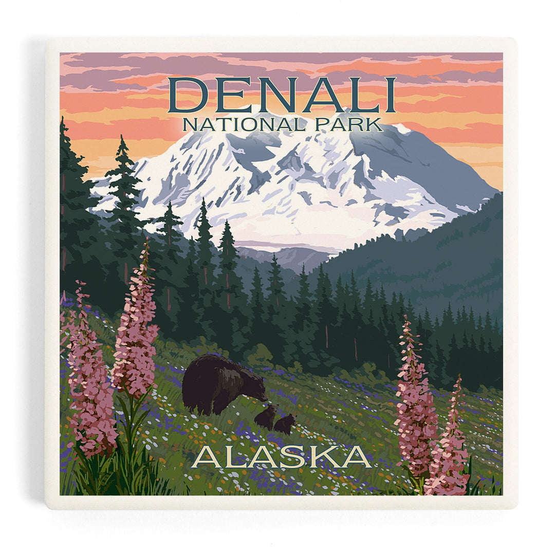 Denali National Park, Alaska, Bear and Cubs with Flowers, Coasters Coasters Lantern Press Coaster