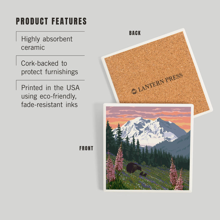 Denali National Park, Alaska, Bears and Spring Flowers, Coasters Coasters Lantern Press