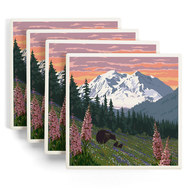 Denali National Park, Alaska, Bears and Spring Flowers, Coasters Coasters Lantern Press