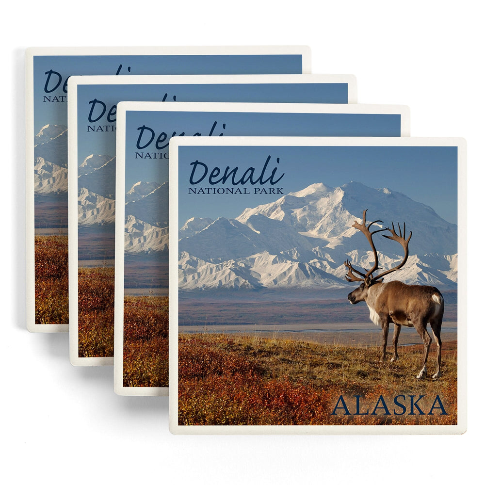 Denali National Park, Alaska, Caribou and Denali, Coasters Coasters Lantern Press