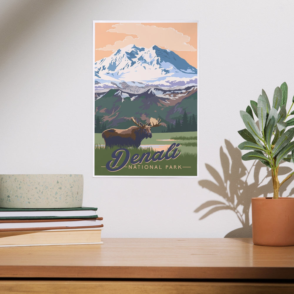 Denali National Park, Alaska, Moose and Mountains, Art & Giclee Prints - Lantern Press