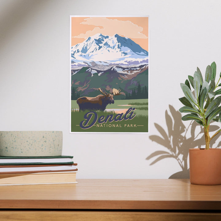 Denali National Park, Alaska, Moose and Mountains, Art & Giclee Prints - Lantern Press
