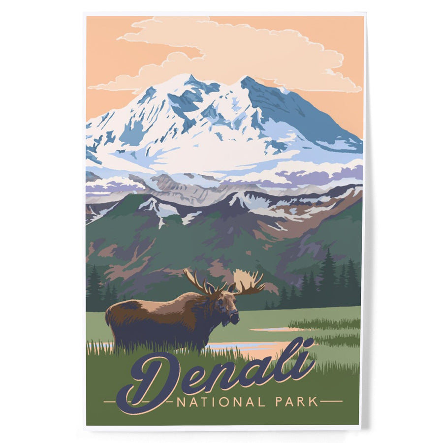 Denali National Park, Alaska, Moose and Mountains, Art & Giclee Prints - Lantern Press