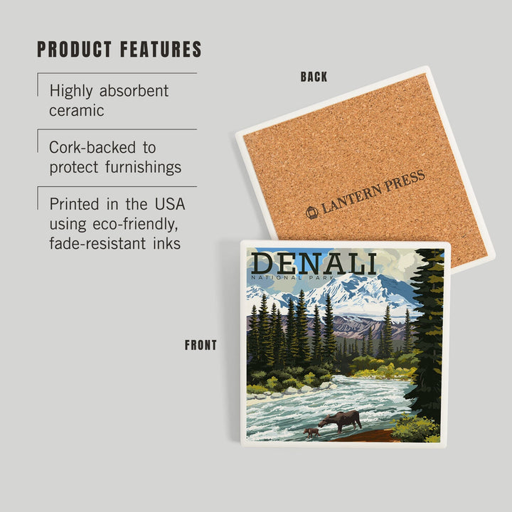 Denali National Park, Alaska, Moose and River Rapids, Coasters Coasters Lantern Press