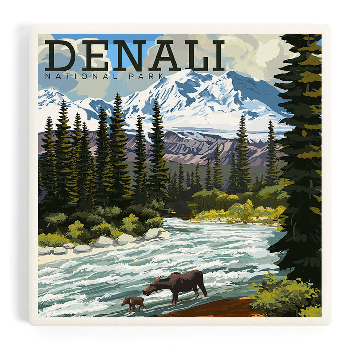 Denali National Park, Alaska, Moose and River Rapids, Coasters Coasters Lantern Press