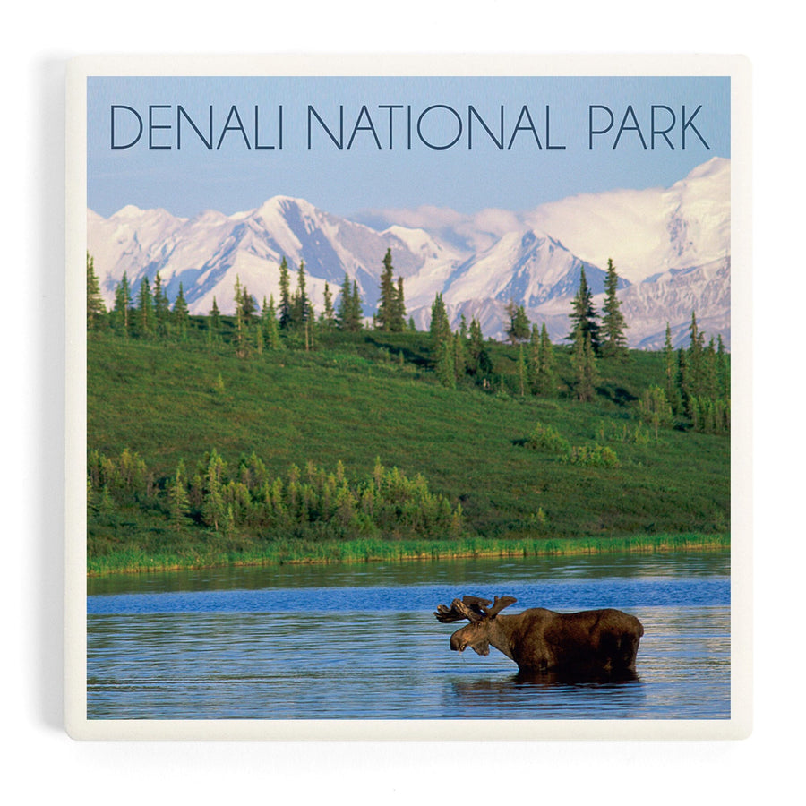 Denali National Park, Alaska, Moose and Water, Coasters Coasters Lantern Press