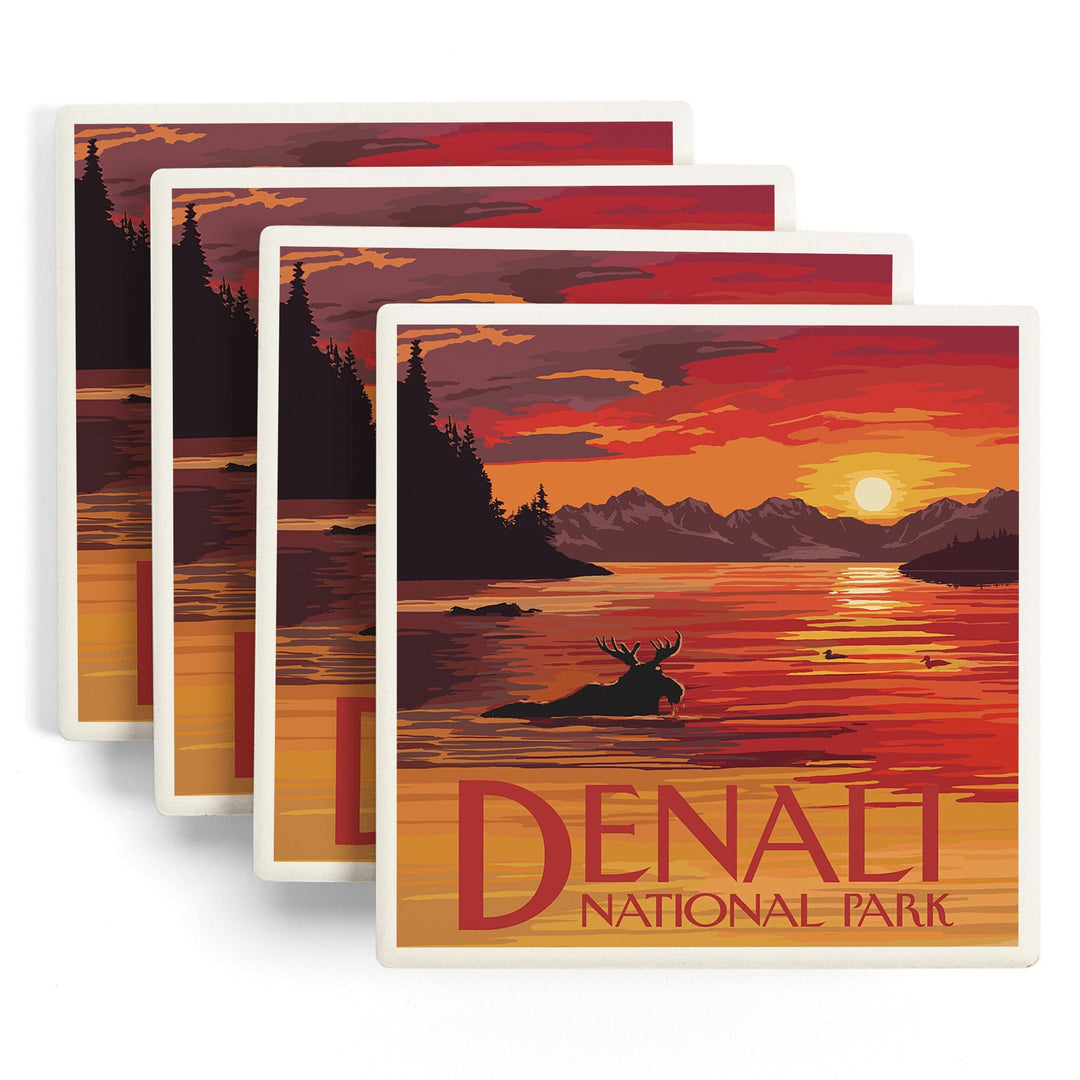 Denali National Park, Alaska, Moose at Sunset, Coasters Coasters Lantern Press
