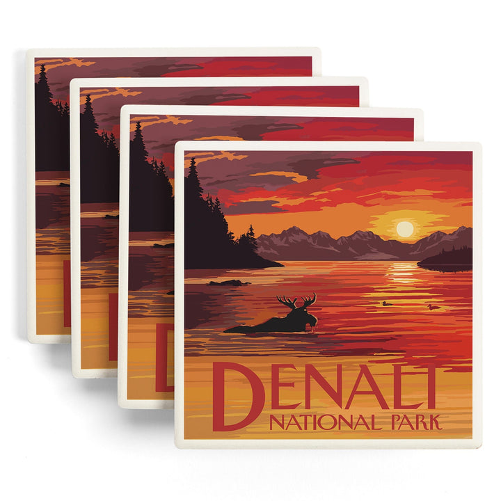Denali National Park, Alaska, Moose at Sunset, Coasters Coasters Lantern Press