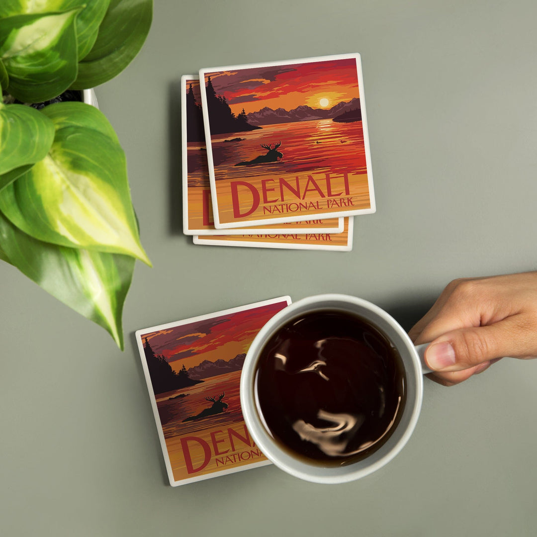 Denali National Park, Alaska, Moose at Sunset, Coasters Coasters Lantern Press