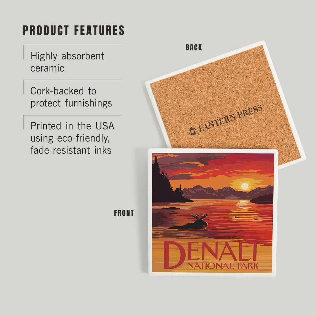 Denali National Park, Alaska, Moose at Sunset, Coasters Coasters Lantern Press