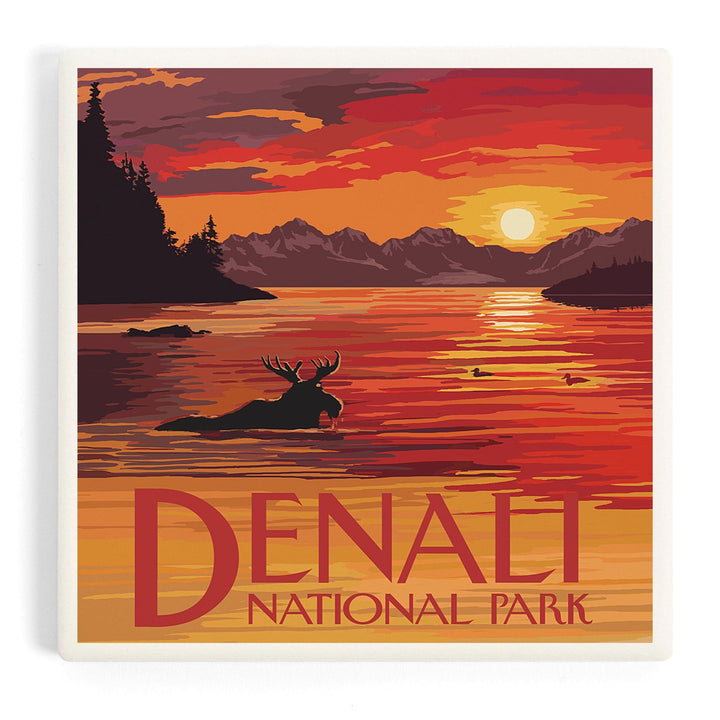 Denali National Park, Alaska, Moose at Sunset, Coasters Coasters Lantern Press Coaster