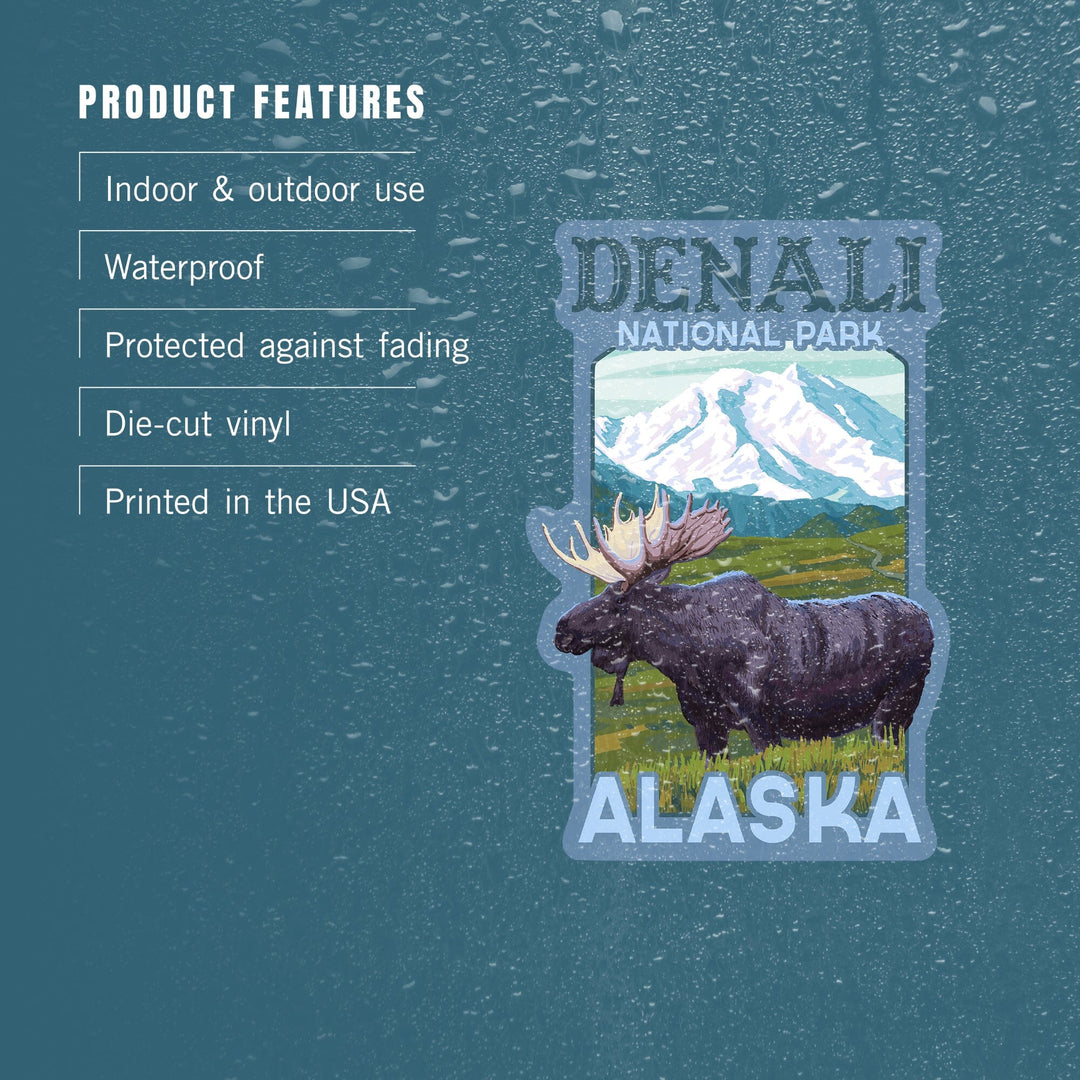 Denali National Park, Alaska, Moose & Snowy Mountain, Contour, Lantern Press Artwork, Vinyl Sticker Sticker Lantern Press 