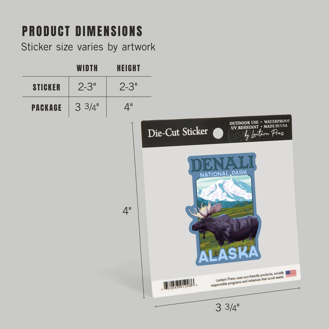Denali National Park, Alaska, Moose & Snowy Mountain, Contour, Lantern Press Artwork, Vinyl Sticker - Lantern Press