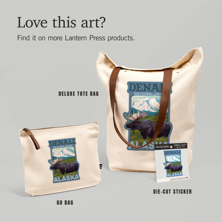 Denali National Park, Alaska, Moose & Snowy Mountain, Contour, Lantern Press Artwork, Vinyl Sticker - Lantern Press