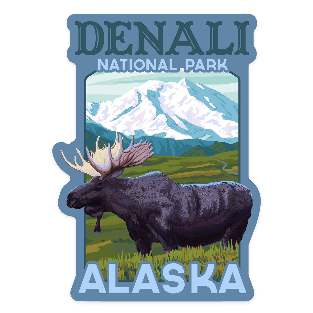 Denali National Park, Alaska, Moose & Snowy Mountain, Contour, Lantern Press Artwork, Vinyl Sticker - Lantern Press
