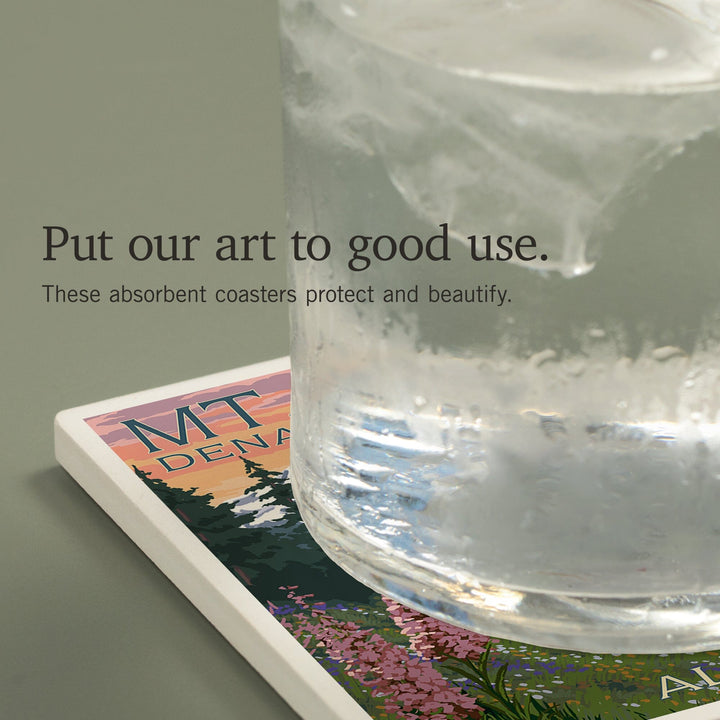 Denali National Park, Alaska, Mount McKinley, Bear and Cubs with Flowers, Coasters Coasters Lantern Press